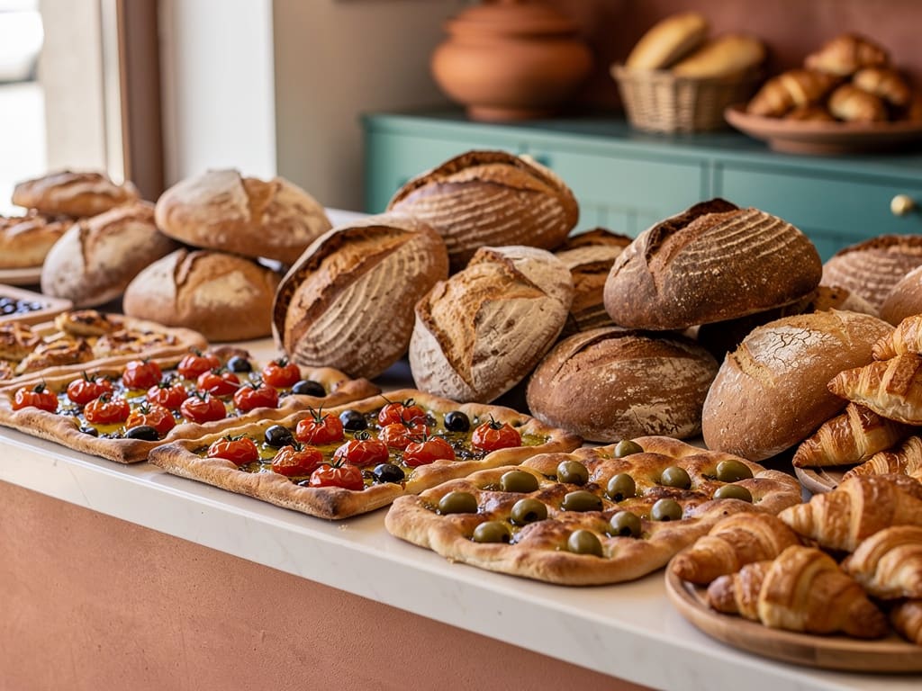 Banco con pagnotte, focaccia barese e cornetti artigianali