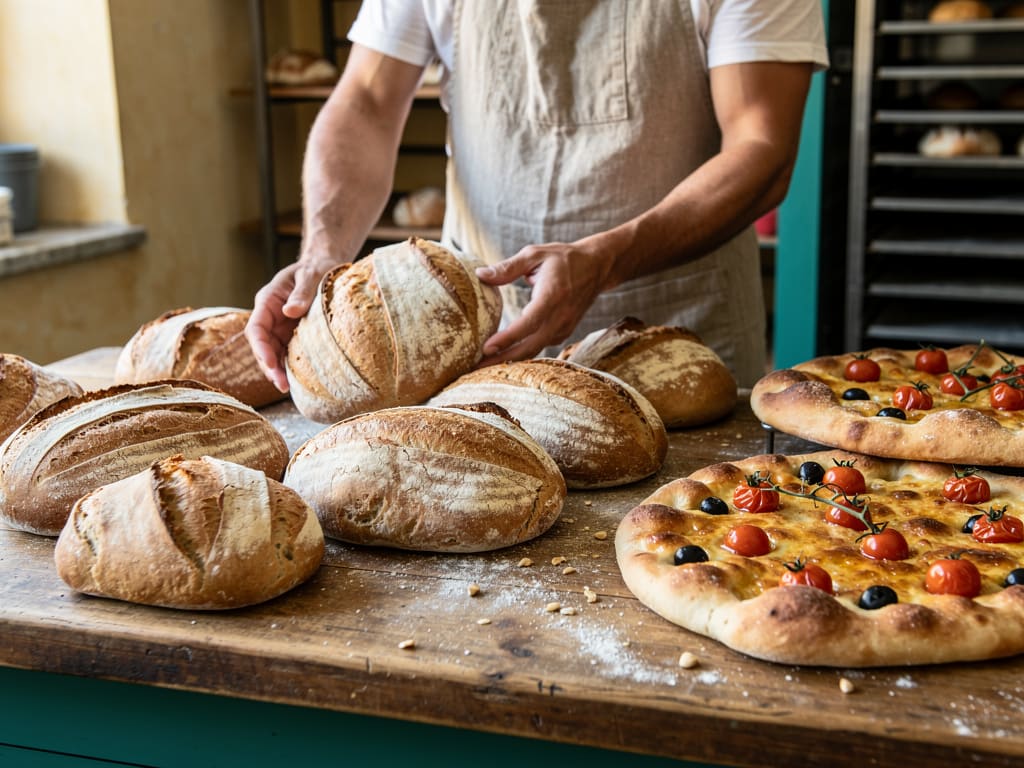 Fornaio che sistema pane e focaccia appena preparati sul banco