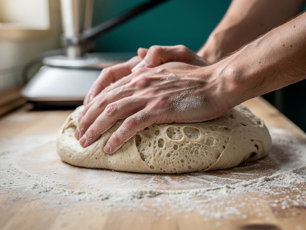 Mani che lavorano un impasto a lievitazione naturale su un banco infarinato