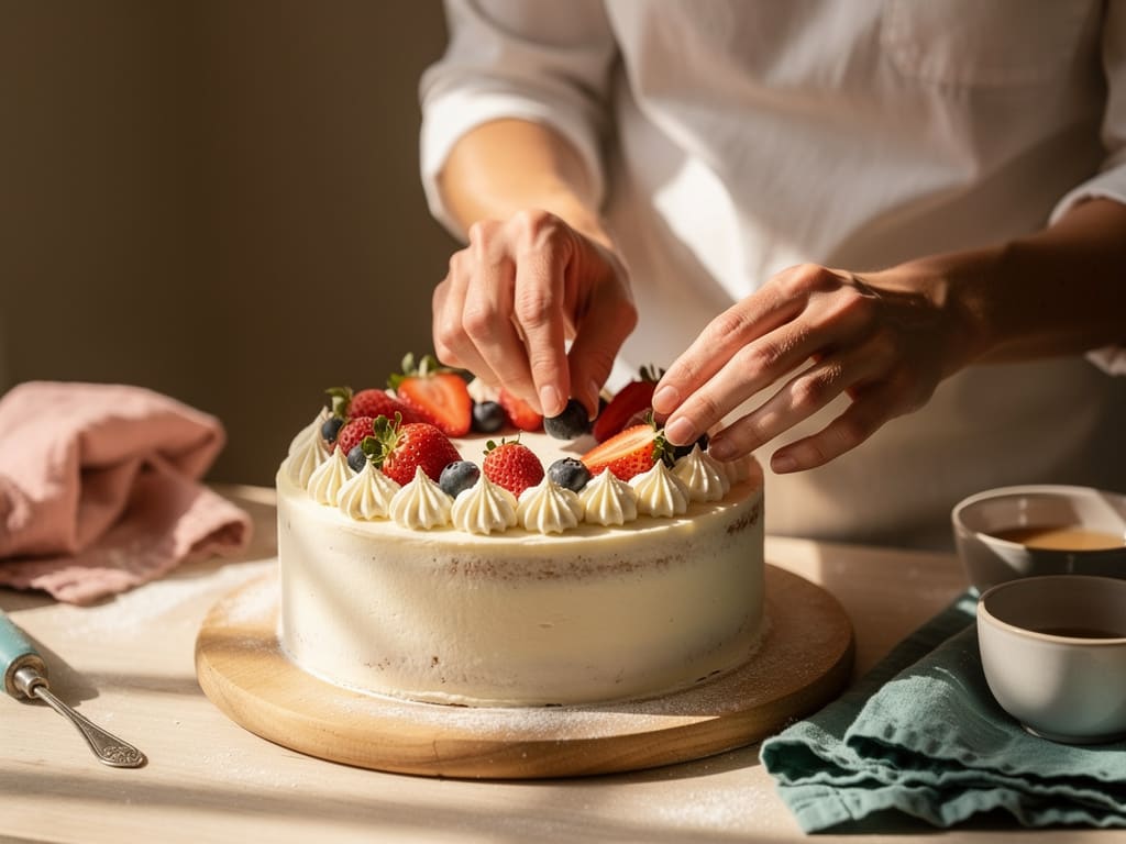 Pasticciere che completa una torta con crema e frutta di stagione